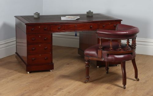 Antique English Victorian Mahogany & Leather Partners Pedestal Office Writing Desk (Circa 1860)