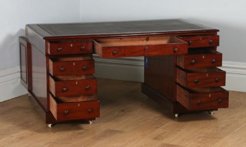 fig 4. Antique English Victorian Mahogany & Leather Partners Pedestal Office Writing Desk (Circa 1860)