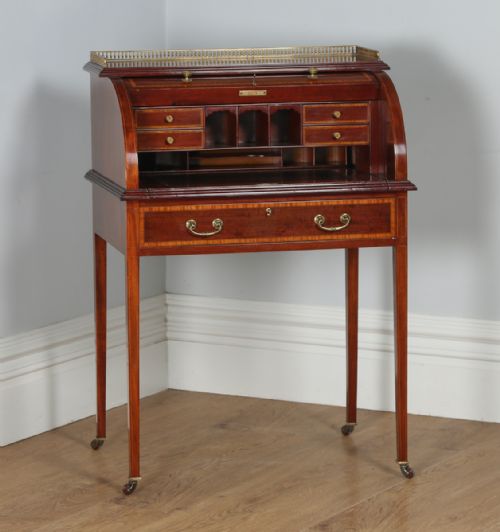 Antique English Edwardian Ladies Mahogany & Leather Cylinder Office Writing Desk (Circa 1900)