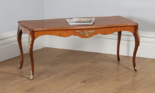 Antique French Louis XVI Style Burr Walnut Marquetry Inlaid Brass Coffee Table (Circa 1920)