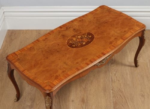 fig 1. Antique French Louis XVI Style Burr Walnut Marquetry Inlaid Brass Coffee Table (Circa 1920)