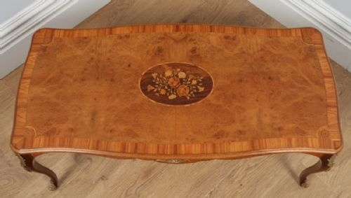 fig 3. Antique French Louis XVI Style Burr Walnut Marquetry Inlaid Brass Coffee Table (Circa 1920)