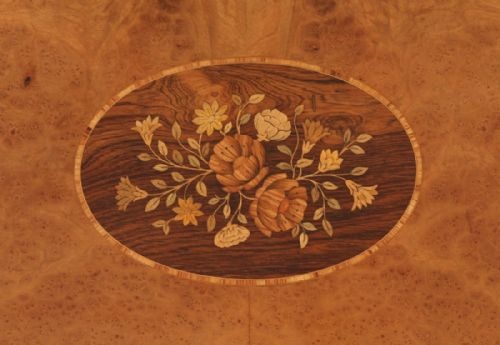 fig 4. Antique French Louis XVI Style Burr Walnut Marquetry Inlaid Brass Coffee Table (Circa 1920)