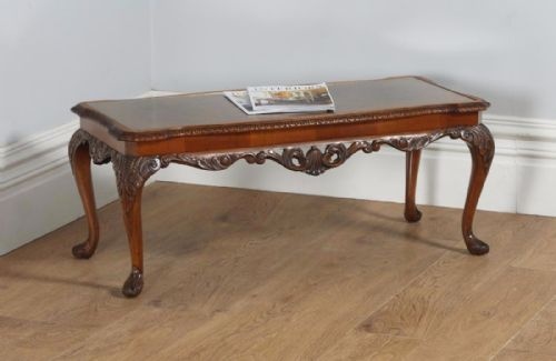 Antique English Queen Anne Style Carved Burr Walnut & Glass Rectangular Coffee Table (Circa 1920)