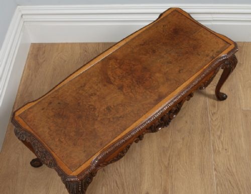 fig 1. Antique English Queen Anne Style Carved Burr Walnut & Glass Rectangular Coffee Table (Circa 1920)