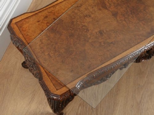 fig 2. Antique English Queen Anne Style Carved Burr Walnut & Glass Rectangular Coffee Table (Circa 1920)
