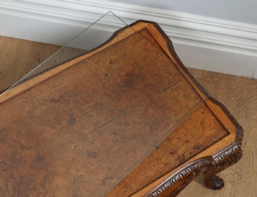 fig 4. Antique English Queen Anne Style Carved Burr Walnut & Glass Rectangular Coffee Table (Circa 1920)