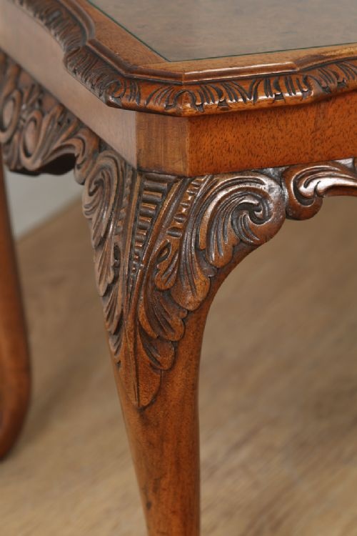 fig 5. Antique English Queen Anne Style Carved Burr Walnut & Glass Rectangular Coffee Table (Circa 1920)