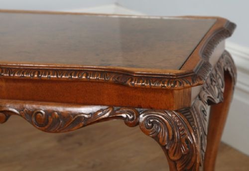 fig 6. Antique English Queen Anne Style Carved Burr Walnut & Glass Rectangular Coffee Table (Circa 1920)