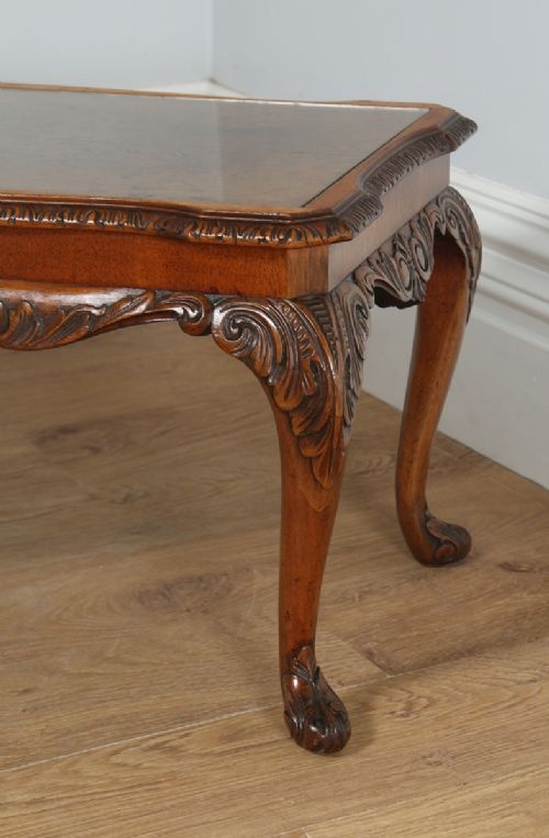fig 8. Antique English Queen Anne Style Carved Burr Walnut & Glass Rectangular Coffee Table (Circa 1920)