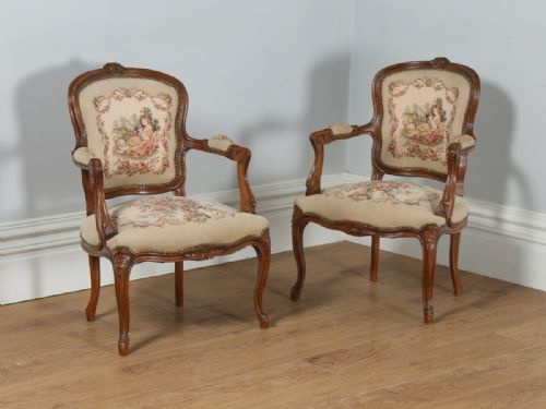 Antique Pair of French Louis XV Style Walnut & Tapestry Salon Open Armchairs (Circa 1920)