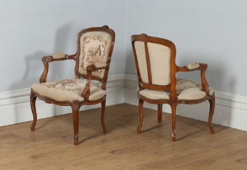 fig 1. Antique Pair of French Louis XV Style Walnut & Tapestry Salon Open Armchairs (Circa 1920)