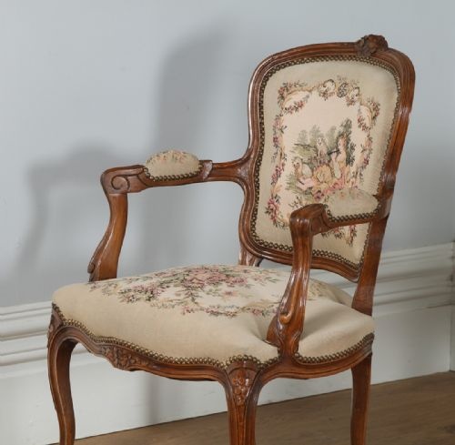 fig 2. Antique Pair of French Louis XV Style Walnut & Tapestry Salon Open Armchairs (Circa 1920)
