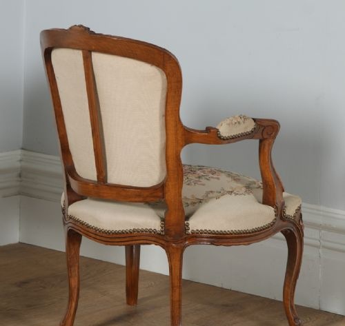 fig 3. Antique Pair of French Louis XV Style Walnut & Tapestry Salon Open Armchairs (Circa 1920)