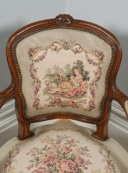 fig 4. Antique Pair of French Louis XV Style Walnut & Tapestry Salon Open Armchairs (Circa 1920)