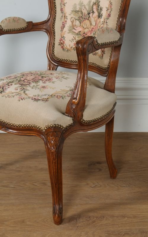 fig 6. Antique Pair of French Louis XV Style Walnut & Tapestry Salon Open Armchairs (Circa 1920)
