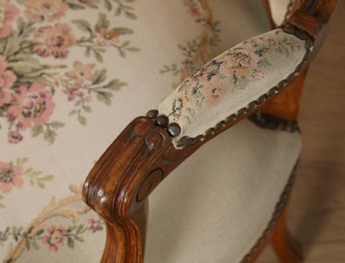 fig 7. Antique Pair of French Louis XV Style Walnut & Tapestry Salon Open Armchairs (Circa 1920)