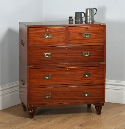 Antique English Victorian Colonial Mahogany & Brass Military Campaign Chest of Drawers by Graves and Sons of Devonport (Circa 1890)