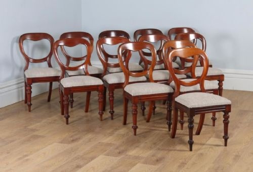 Antique English Victorian Set of Twelve Mahogany Balloon Back Upholstered Dining Chairs (Circa 1860)