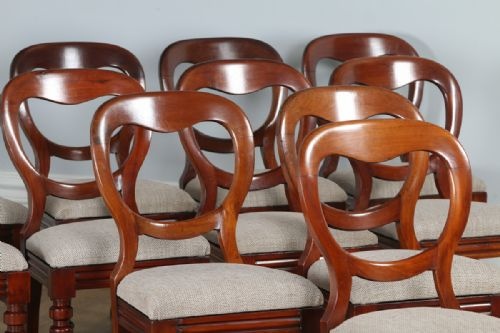 fig 1. Antique English Victorian Set of Twelve Mahogany Balloon Back Upholstered Dining Chairs (Circa 1860)