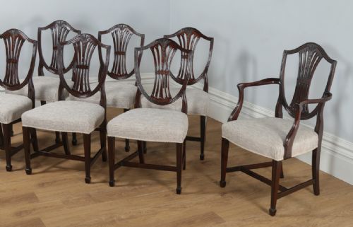 fig 1. Antique Set of 8 English Georgian Hepplewhite Style Mahogany Dining Chairs (Circa 1850)