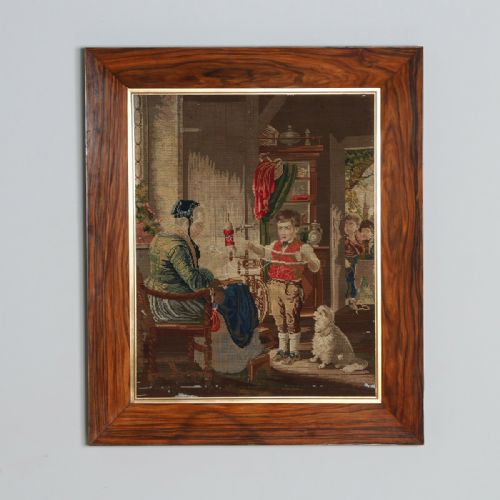 Antique French Needlework Petit Point Wool Tapestry Wall Hanging Picture in Rosewood Frame (Circa 1870)