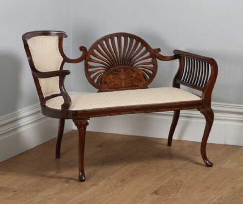 Antique English Edwardian Mahogany Marquetry Inlaid Two Seat Window Sofa Couch Settee (Circa 1900)