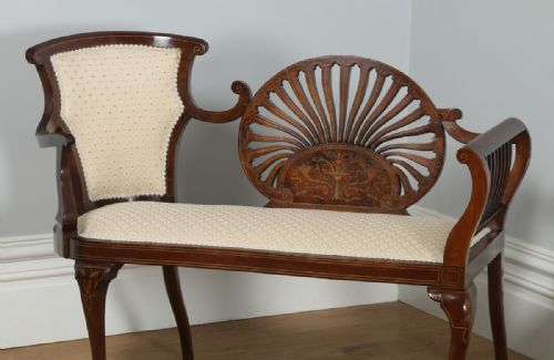 fig 1. Antique English Edwardian Mahogany Marquetry Inlaid Two Seat Window Sofa Couch Settee (Circa 1900)
