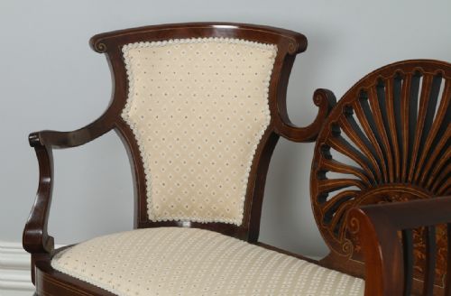 fig 2. Antique English Edwardian Mahogany Marquetry Inlaid Two Seat Window Sofa Couch Settee (Circa 1900)