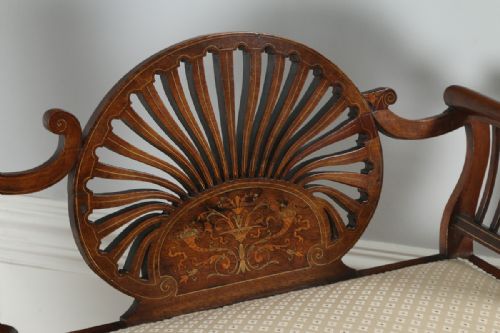 fig 3. Antique English Edwardian Mahogany Marquetry Inlaid Two Seat Window Sofa Couch Settee (Circa 1900)