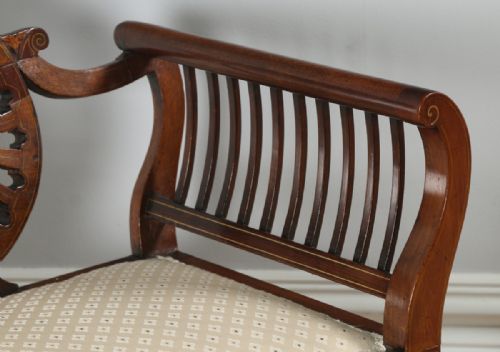 fig 5. Antique English Edwardian Mahogany Marquetry Inlaid Two Seat Window Sofa Couch Settee (Circa 1900)