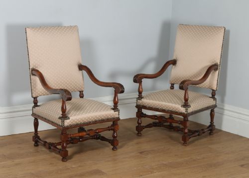 Antique Pair of French Walnut Upholstered Fauteuil Hall Carver Arm Chairs  (Circa 1870)
