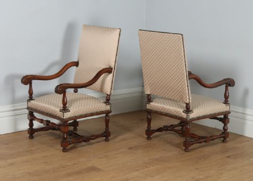 fig 1. Antique Pair of French Walnut Upholstered Fauteuil Hall Carver Arm Chairs (Circa 1870)