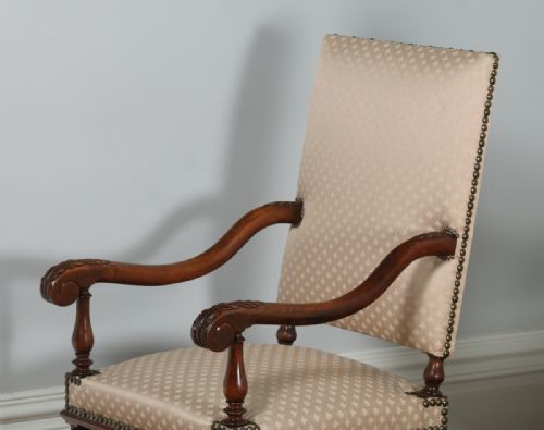 fig 2. Antique Pair of French Walnut Upholstered Fauteuil Hall Carver Arm Chairs (Circa 1870)