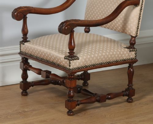 fig 3. Antique Pair of French Walnut Upholstered Fauteuil Hall Carver Arm Chairs (Circa 1870)