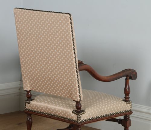 fig 4. Antique Pair of French Walnut Upholstered Fauteuil Hall Carver Arm Chairs (Circa 1870)