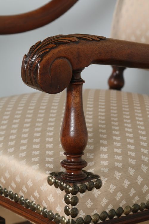 fig 6. Antique Pair of French Walnut Upholstered Fauteuil Hall Carver Arm Chairs (Circa 1870)