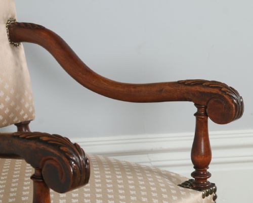 fig 7. Antique Pair of French Walnut Upholstered Fauteuil Hall Carver Arm Chairs (Circa 1870)