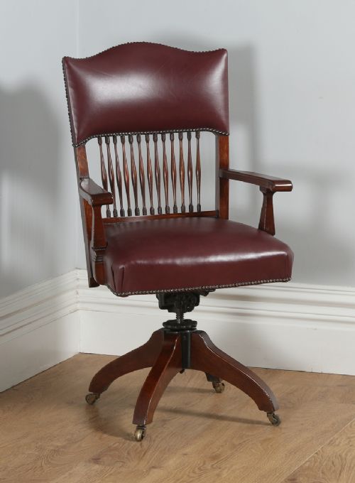Antique English Edwardian Oak & Red Leather Revolving Office Desk Armchair / Chair (Circa 1910)