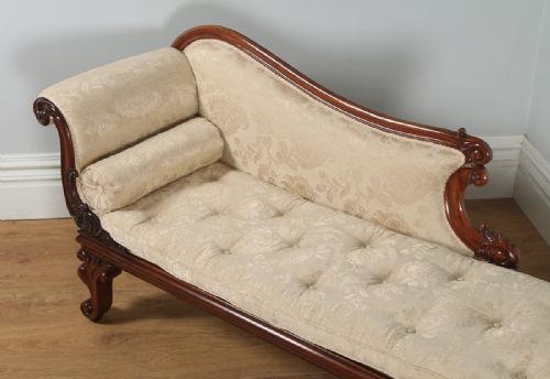 fig 1. Antique English William IV Carved Mahogany Upholstered Chaise Longue (Circa 1835)
