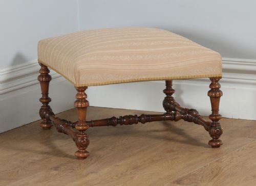 Antique French Duchess Walnut Upholstered Carolean Style Foot Stool Poof (Circa 1870)