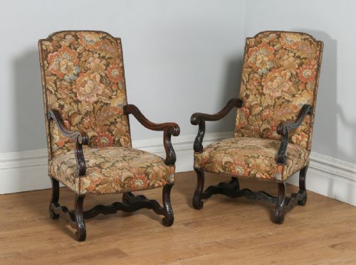 Antique Pair of Two French Walnut Fauteuil Upholstered Carved Hall / Open / Elbow / Library Armchairs / Chairs (Circa 1880)