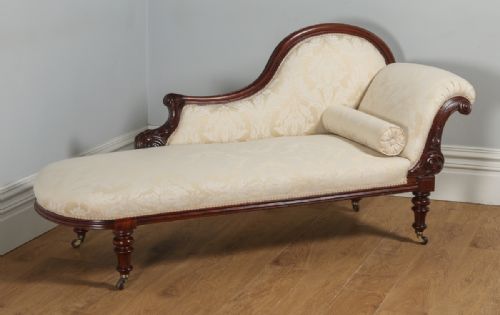 Antique English Victorian Mahogany Upholstered Floral Cream & Pale Gold Chaise Longue (Circa 1860)