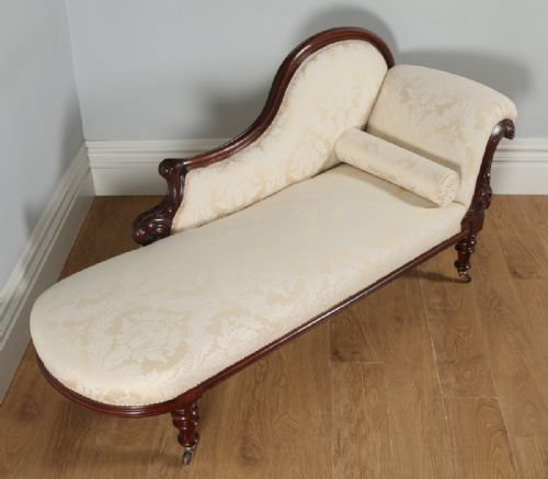 fig 1. Antique English Victorian Mahogany Upholstered Floral Cream & Pale Gold Chaise Longue (Circa 1860)