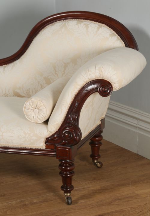 fig 4. Antique English Victorian Mahogany Upholstered Floral Cream & Pale Gold Chaise Longue (Circa 1860)