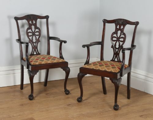 Antique English Pair of Chippendale Style Mahogany Dining Library Office Desk Armchairs (Circa 1900)