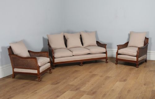 Antique English George V Three Piece Mahogany & Cane Bergere Couch Settee Sofa Lounge Suite (Circa 1910)