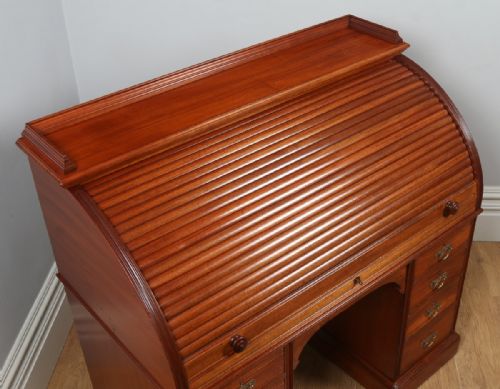 fig 1. Antique English Edwardian Mahogany & Leather Cylinder Roll Top Writing Pedestal Office Desk (Circa 1900)