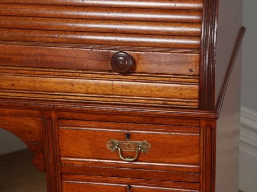 fig 3. Antique English Edwardian Mahogany & Leather Cylinder Roll Top Writing Pedestal Office Desk (Circa 1900)