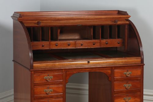 fig 6. Antique English Edwardian Mahogany & Leather Cylinder Roll Top Writing Pedestal Office Desk (Circa 1900)